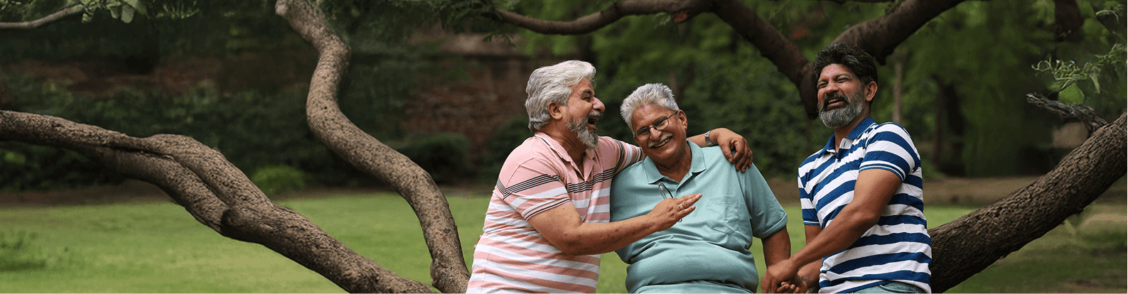Header Image 1 Elderly men laughing together in a park.