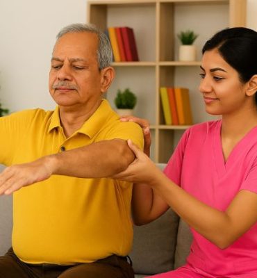 Physiotherapist helping senior man with arm exercises at home