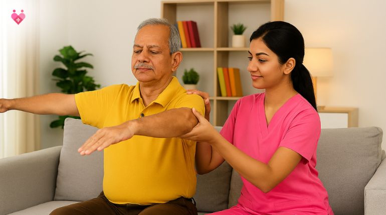 Physiotherapist helping senior man with arm exercises at home
