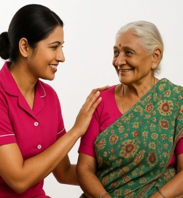 Home nurse supporting and smiling with elderly woman at home