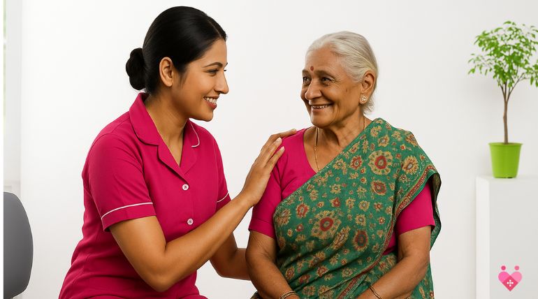 Home nurse supporting and smiling with elderly woman at home