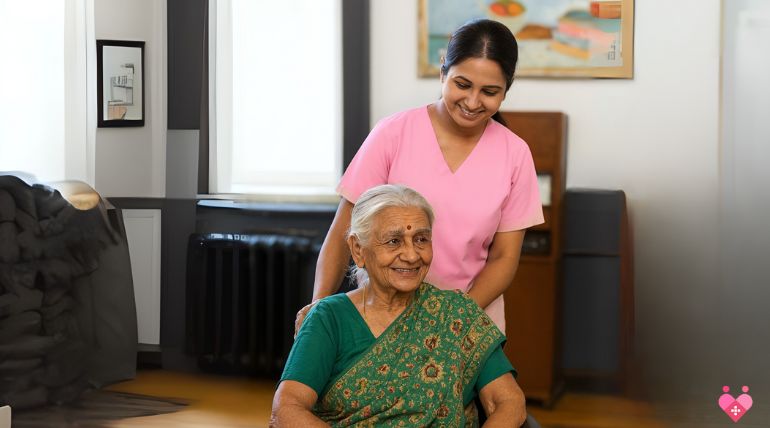 Caregiver assisting elderly woman at home with eldercare services in Kolkata