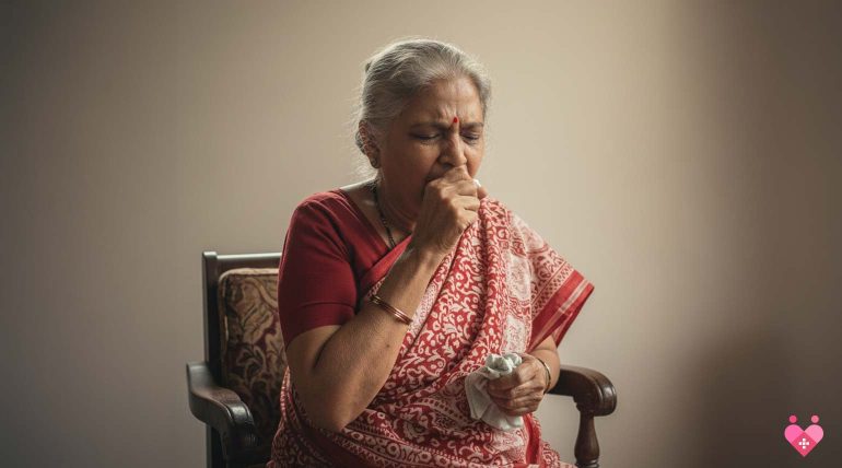 Elderly woman coughing with COPD symptoms