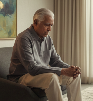 An elderly man sitting alone in a chair looking thoughtful and somber, illustrating common symptoms of depression in the elderly like social withdrawal and sadness.