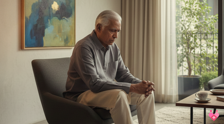An elderly man sitting alone in a chair looking thoughtful and somber, illustrating common symptoms of depression in the elderly like social withdrawal and sadness.