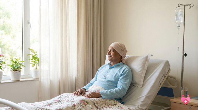 Old man resting on bed and having treatment going on