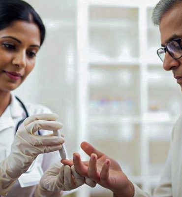 A nurse using a lancet device to perform a finger-stick glucose test on a senior man, illustrating routine diabetes screening and monitoring for Type 2 Diabetes symptoms.