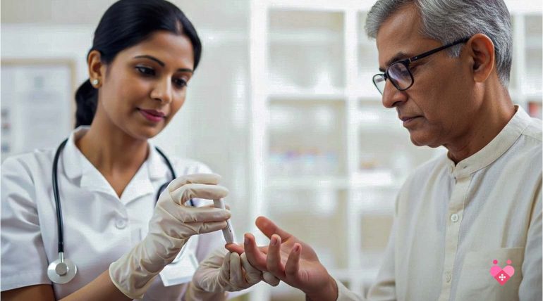 A nurse using a lancet device to perform a finger-stick glucose test on a senior man, illustrating routine diabetes screening and monitoring for Type 2 Diabetes symptoms.