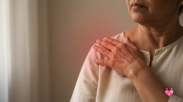 A close-up of an elderly woman holding her shoulder in discomfort, illustrating bone or joint pain associated with osteoporosis.