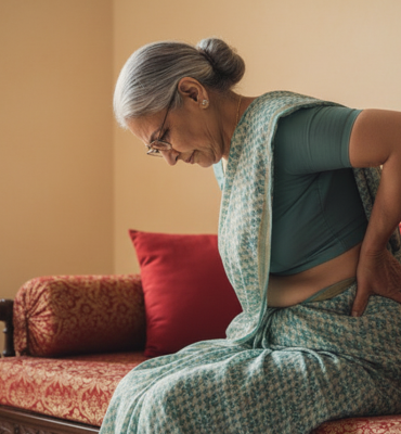 Old lady sitting on sofa and holding back from both hands, having an expression of pain