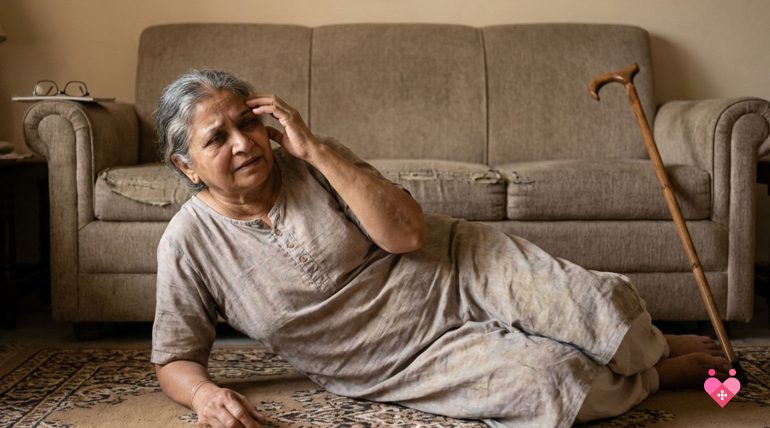 An elderly woman showing signs of a medical emergency; she has fallen to the rug and appears disoriented, illustrating the sudden onset of stroke symptoms.
