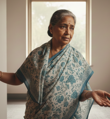 An Old lady moving in house and looking sick and tensed.