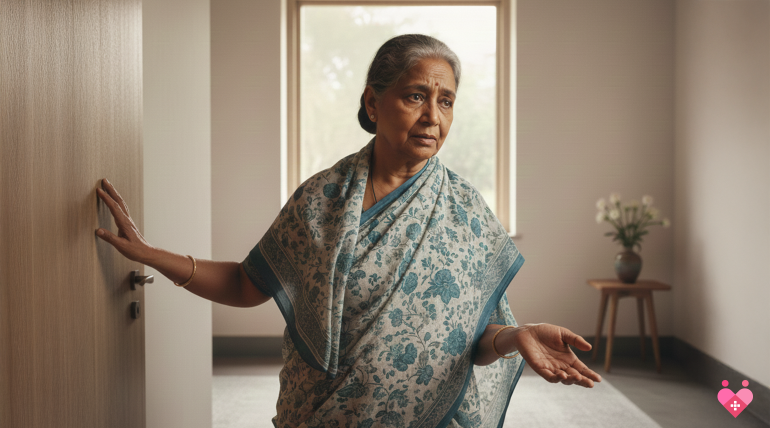 An Old lady moving in house and looking sick and tensed.