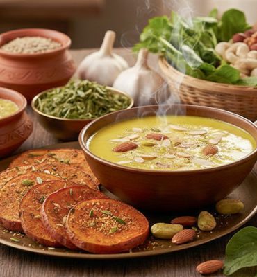 An elderly Indian man in a warm sweater sitting at a wooden table, smiling while looking at a variety of winter superfoods. The table features bowls of colorful citrus fruits, fresh leafy greens, nuts, a glass of turmeric milk (haldi doodh), and a wooden spoon of honey.