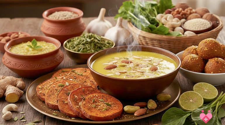 An elderly Indian man in a warm sweater sitting at a wooden table, smiling while looking at a variety of winter superfoods. The table features bowls of colorful citrus fruits, fresh leafy greens, nuts, a glass of turmeric milk (haldi doodh), and a wooden spoon of honey.