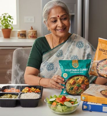 An elderly Indian woman smiling in a bright kitchen, holding two packages of frozen vegetable curry. On the table before her is a steaming, multi-compartment tray of prepared food, a fresh side salad, and several frozen meal boxes.
