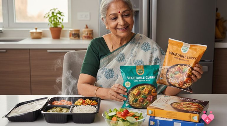 An elderly Indian woman smiling in a bright kitchen, holding two packages of frozen vegetable curry. On the table before her is a steaming, multi-compartment tray of prepared food, a fresh side salad, and several frozen meal boxes.