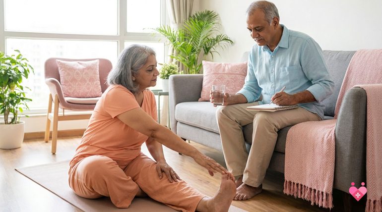 An elderly Indian man with white hair smiling warmly, sitting at a sunlit wooden table. He is surrounded by a laptop, a blood pressure monitor, a fresh green apple, and a glass of water, symbolizing a holistic and tech-savvy approach to senior wellness in 2026.