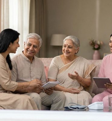 A multi-generational Indian family—an elderly couple, their adult son, and two young grandchildren—walking together in a sunlit park. They are all dressed in activewear, smiling and holding hands, representing family support for senior fitness and wellness goals.