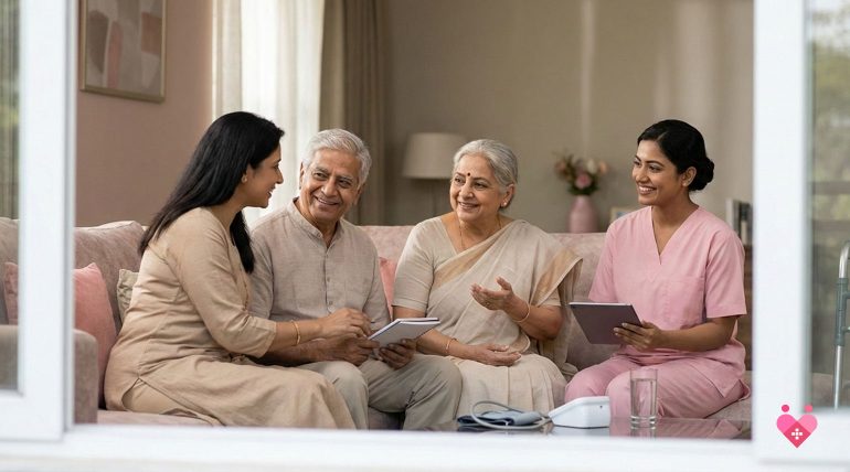 A multi-generational Indian family—an elderly couple, their adult son, and two young grandchildren—walking together in a sunlit park. They are all dressed in activewear, smiling and holding hands, representing family support for senior fitness and wellness goals.