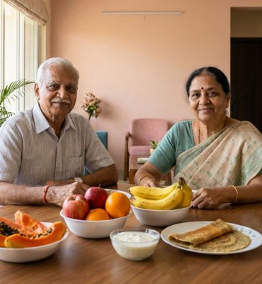 An elderly Indian man in a vibrant yellow sweater, smiling as he prepares a healthy meal in a modern kitchen. He is holding a fresh green bell pepper, with a variety of colorful vegetables like carrots, broccoli, and tomatoes on the counter, symbolizing 2026 nutrition resolutions.