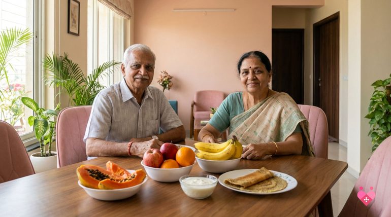 An elderly Indian man in a vibrant yellow sweater, smiling as he prepares a healthy meal in a modern kitchen. He is holding a fresh green bell pepper, with a variety of colorful vegetables like carrots, broccoli, and tomatoes on the counter, symbolizing 2026 nutrition resolutions.