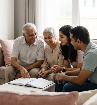 An elderly Indian man sitting comfortably on a sofa, smiling while checking off items on a printed "Senior Wellness Checklist." He is surrounded by a laptop, a glass of water, and a bowl of fresh fruit, illustrating a holistic approach to health in 20