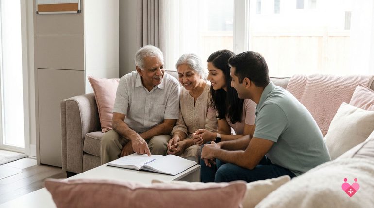 An elderly Indian man sitting comfortably on a sofa, smiling while checking off items on a printed "Senior Wellness Checklist." He is surrounded by a laptop, a glass of water, and a bowl of fresh fruit, illustrating a holistic approach to health in 20