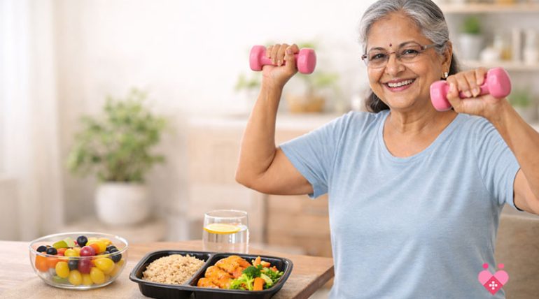 A smiling senior woman in a light blue t-shirt sitting at a table, happily lifting two pink dumbbells. On the table in front of her is a healthy prepared meal of protein and vegetables, a bowl of fresh fruit, and a glass of lemon water.
