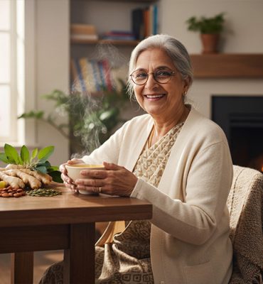A close-up of an elderly woman's hands in a kitchen, preparing immunity-boosting winter foods. On the counter are fresh orange slices, a bowl of ginger, turmeric root, a glass of warm herbal tea, and a bowl of fresh seasonal fruits.