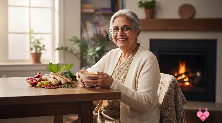 A close-up of an elderly woman's hands in a kitchen, preparing immunity-boosting winter foods. On the counter are fresh orange slices, a bowl of ginger, turmeric root, a glass of warm herbal tea, and a bowl of fresh seasonal fruits.