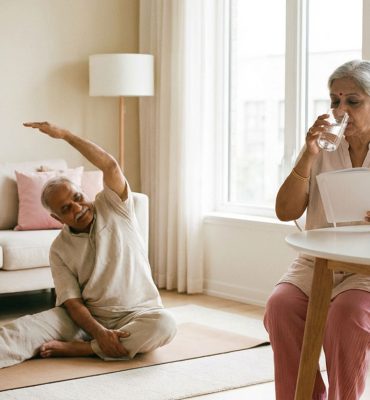 An elderly Indian man sitting at a desk, peacefully writing in a daily wellness journal. On the table next to him is a smartphone, a glass of water, and a bowl of fresh fruit, illustrating mindful daily habits for seniors in 2026.