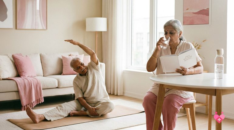 An elderly Indian man sitting at a desk, peacefully writing in a daily wellness journal. On the table next to him is a smartphone, a glass of water, and a bowl of fresh fruit, illustrating mindful daily habits for seniors in 2026.