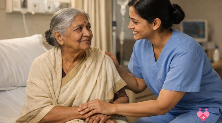 A compassionate nurse in blue scrubs smiles warmly while comforting an elderly woman sitting on a hospital bed, holding her hands to provide dedicated hospitalization support for a senior patient.