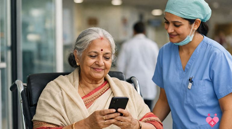 An elderly woman in a wheelchair smiling while looking at a smartphone, assisted by a healthcare professional in blue scrubs and a medical cap in a hospital setting.