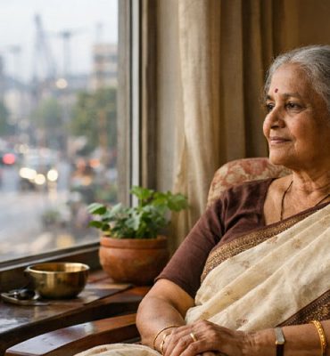 An elderly Indian woman sitting by a window in her home, looking out at a city street with an auto-rickshaw, representing seniors living independently.