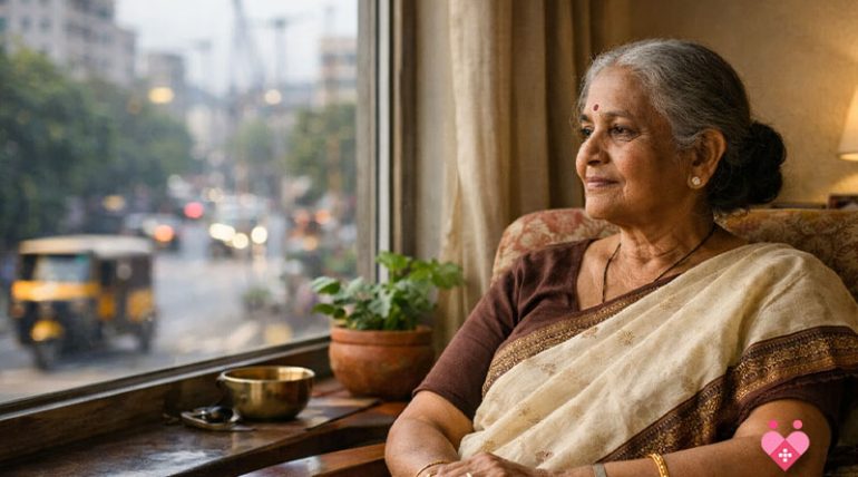 An elderly Indian woman sitting by a window in her home, looking out at a city street with an auto-rickshaw, representing seniors living independently.