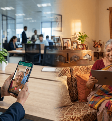 A split-screen image showing an NRI daughter in a modern office on a video call with her elderly mother in India, who is accompanied by a professional AgeWell home caregiver.