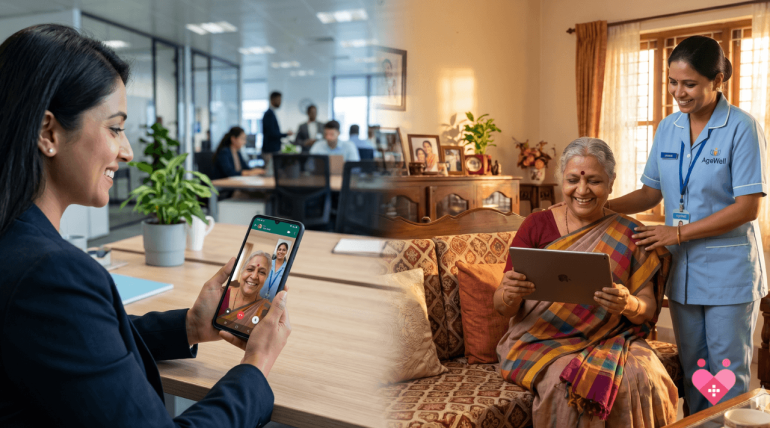 A split-screen image showing an NRI daughter in a modern office on a video call with her elderly mother in India, who is accompanied by a professional AgeWell home caregiver.