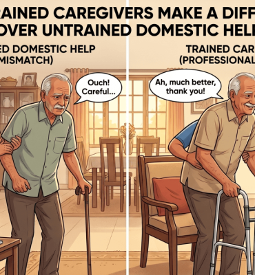 A split-screen comparison titled "Why Trained Caregivers Make a Difference Over Untrained Domestic Help," showing an untrained helper struggling to assist an elderly man with mobility and medication (left), contrasted with a trained AgeWell caregiver using professional techniques and a walker for safe support (right).