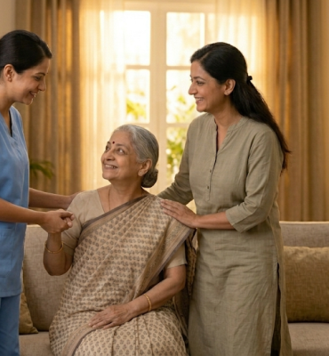 Professional home care services for elderly in India—A trained caregiver providing skilled support to a senior woman and her family member, ensuring safety and emotional presence.