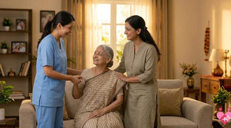 Professional home care services for elderly in India—A trained caregiver providing skilled support to a senior woman and her family member, ensuring safety and emotional presence.